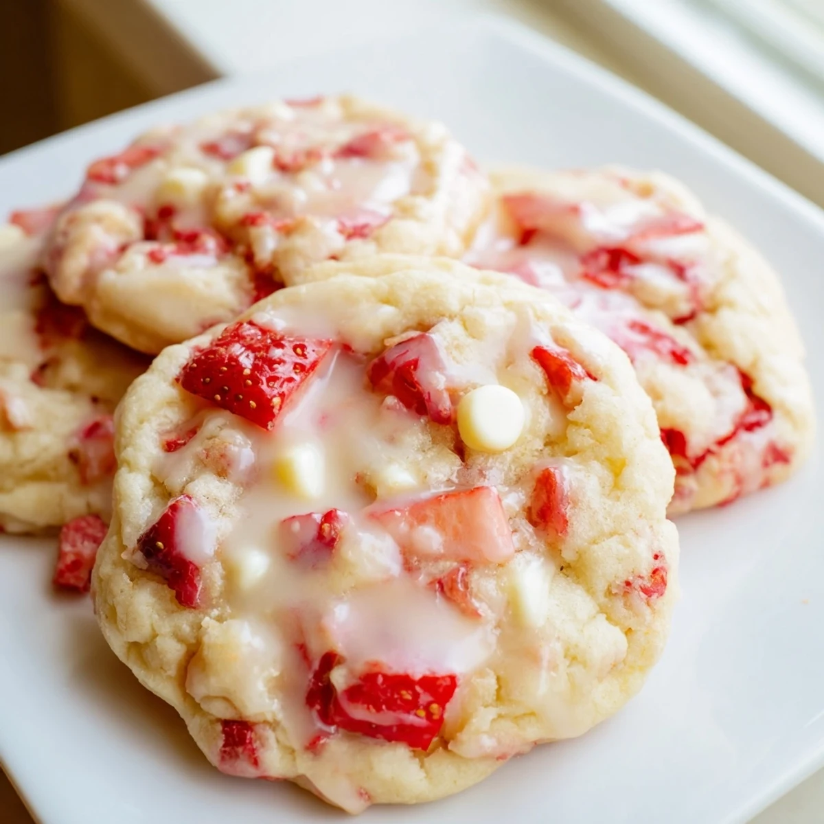Soft strawberry lemonade cookies with pink flecks drizzled in sweet tangy lemon glaze