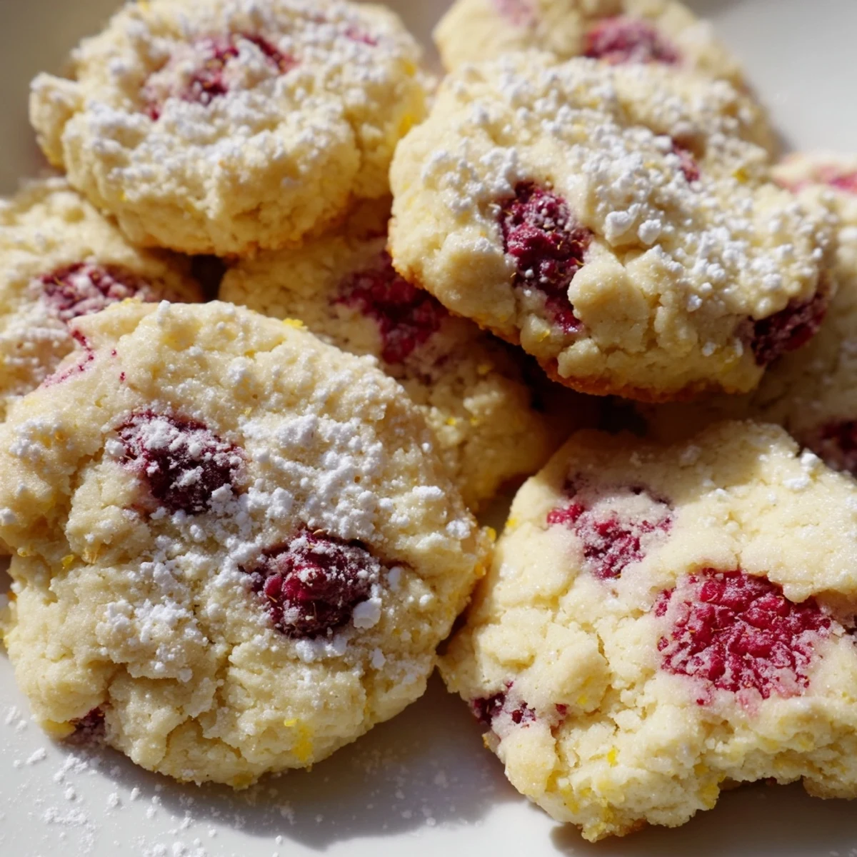Soft lemon raspberry cookies with golden edges and bursts of red fruit