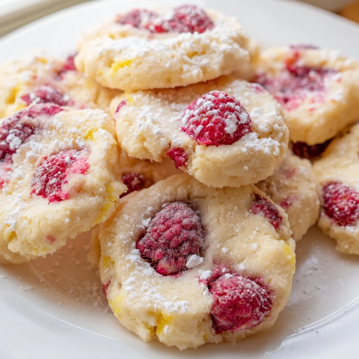 Chewy lemon raspberry cookies arranged on a rustic white serving platter