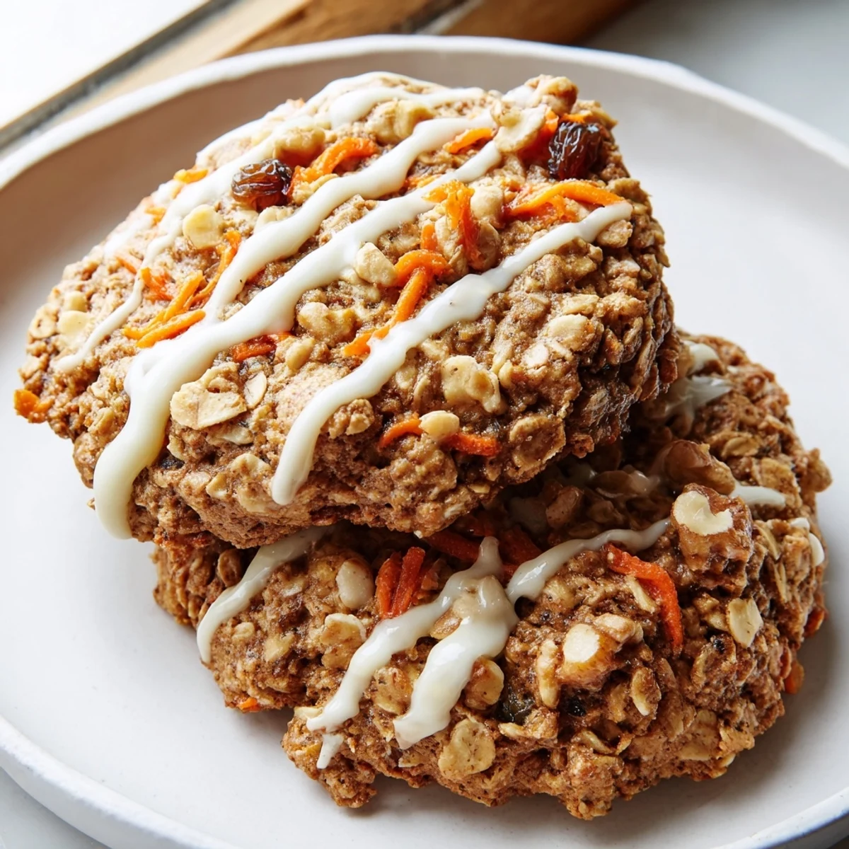 Chewy brown butter carrot cake cookies with golden edges on a rustic baking sheet