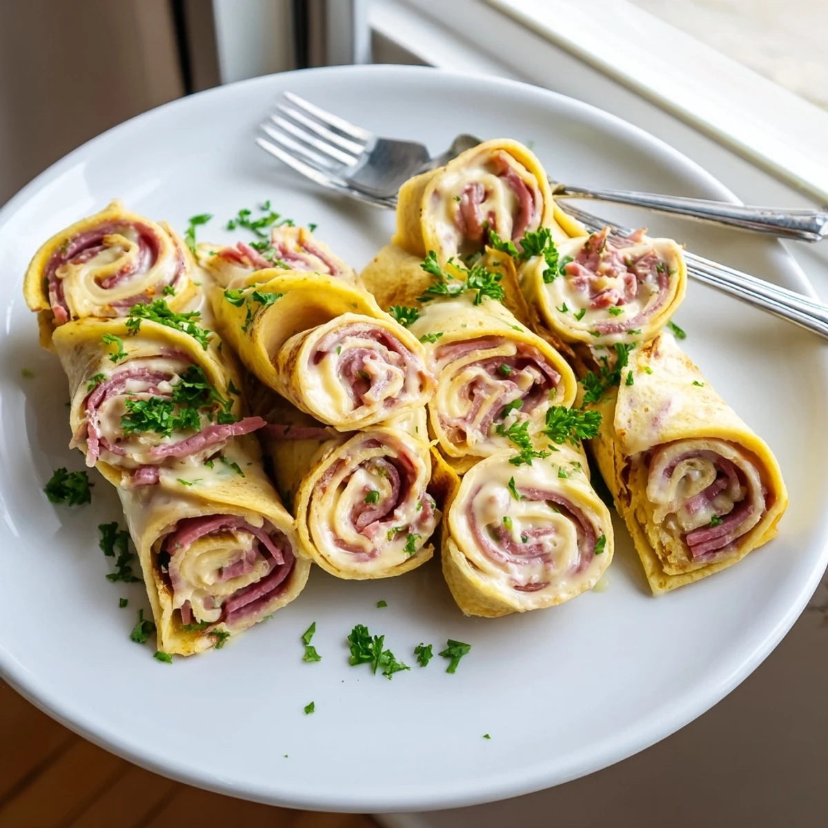 Golden Low Carb Reuben Egg Roll Ups filled with melty Swiss cheese and savory corned beef