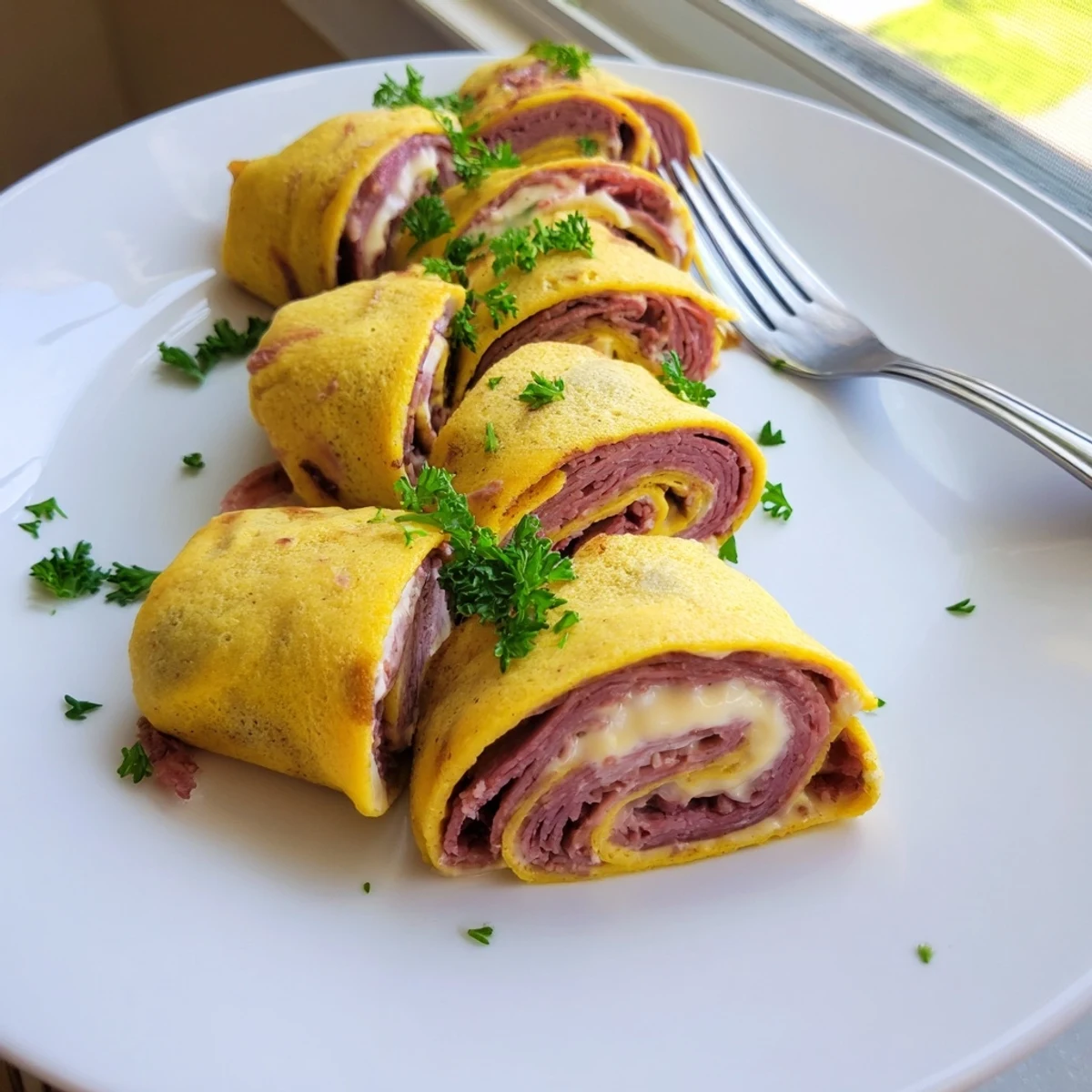 Tender Low Carb Reuben Egg Roll Ups with tangy sauerkraut and creamy dressing drizzle