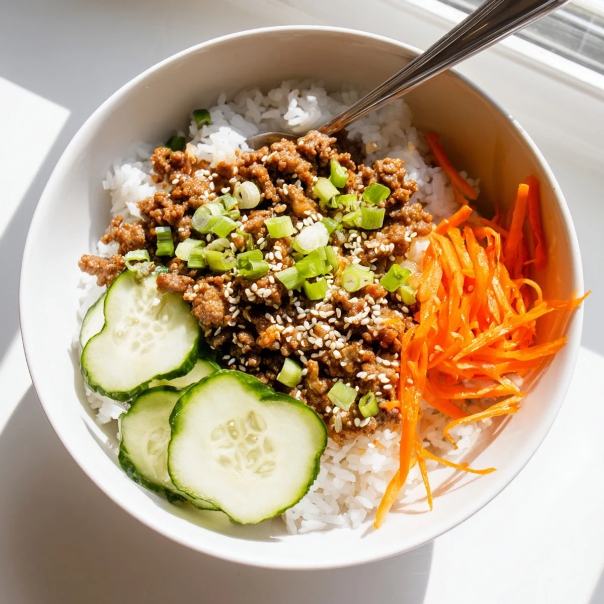Asian Korean Beef Bowls topped with fresh cucumber, carrots, and sesame seeds over steamed white rice
