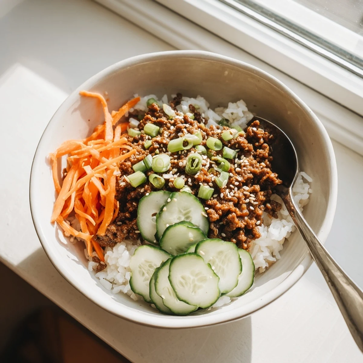 Savory Asian Korean Beef Bowls served in a white dish with colorful crisp vegetable garnishes