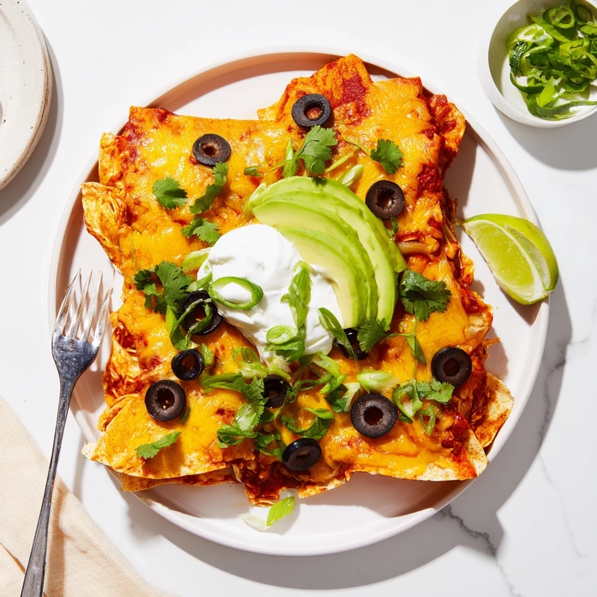 Cheesy Shredded Chicken Enchilada Bake layered with tender chicken, beans, corn, and gooey cheese