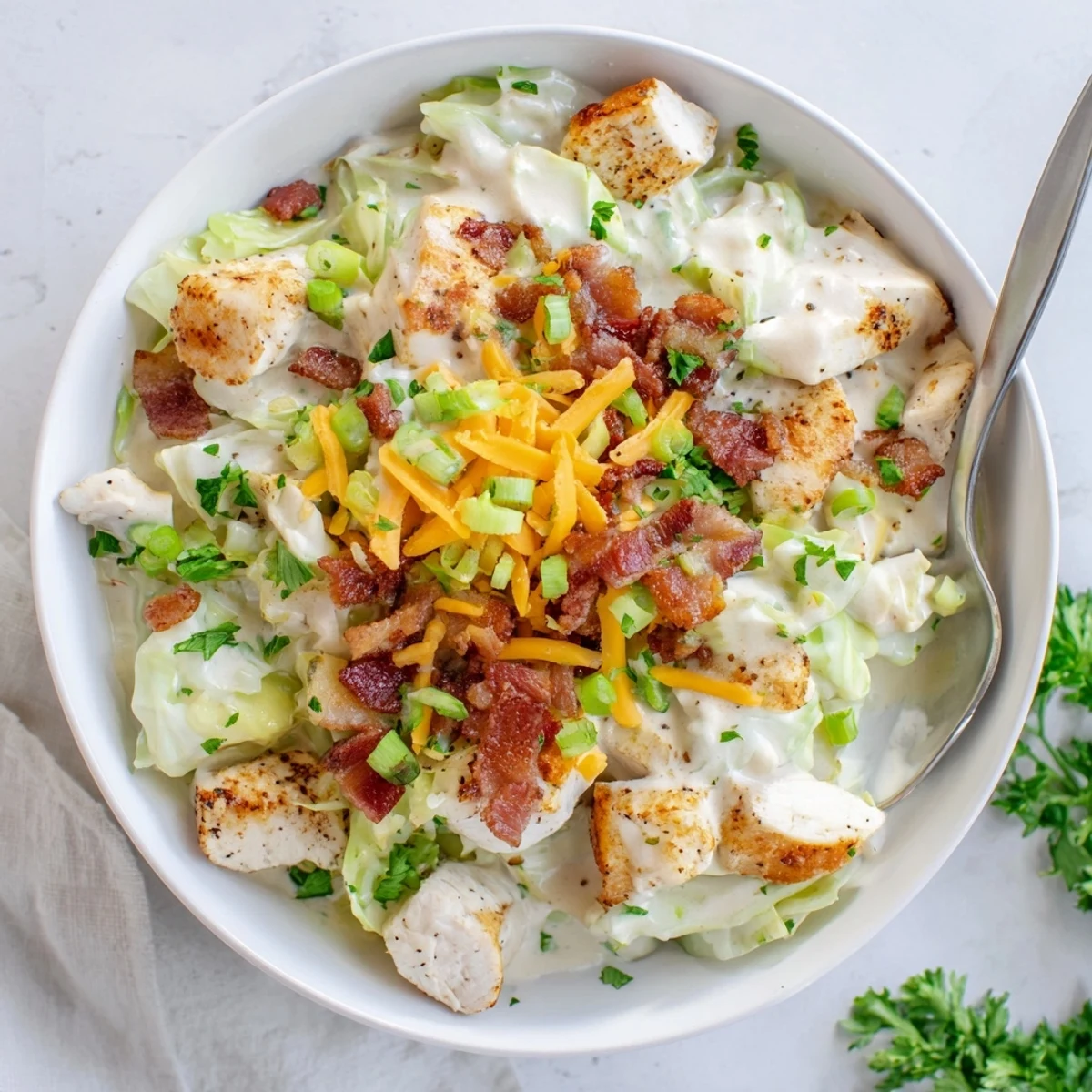 Creamy chicken bacon ranch cabbage bowls topped with melted cheddar and fresh green onions