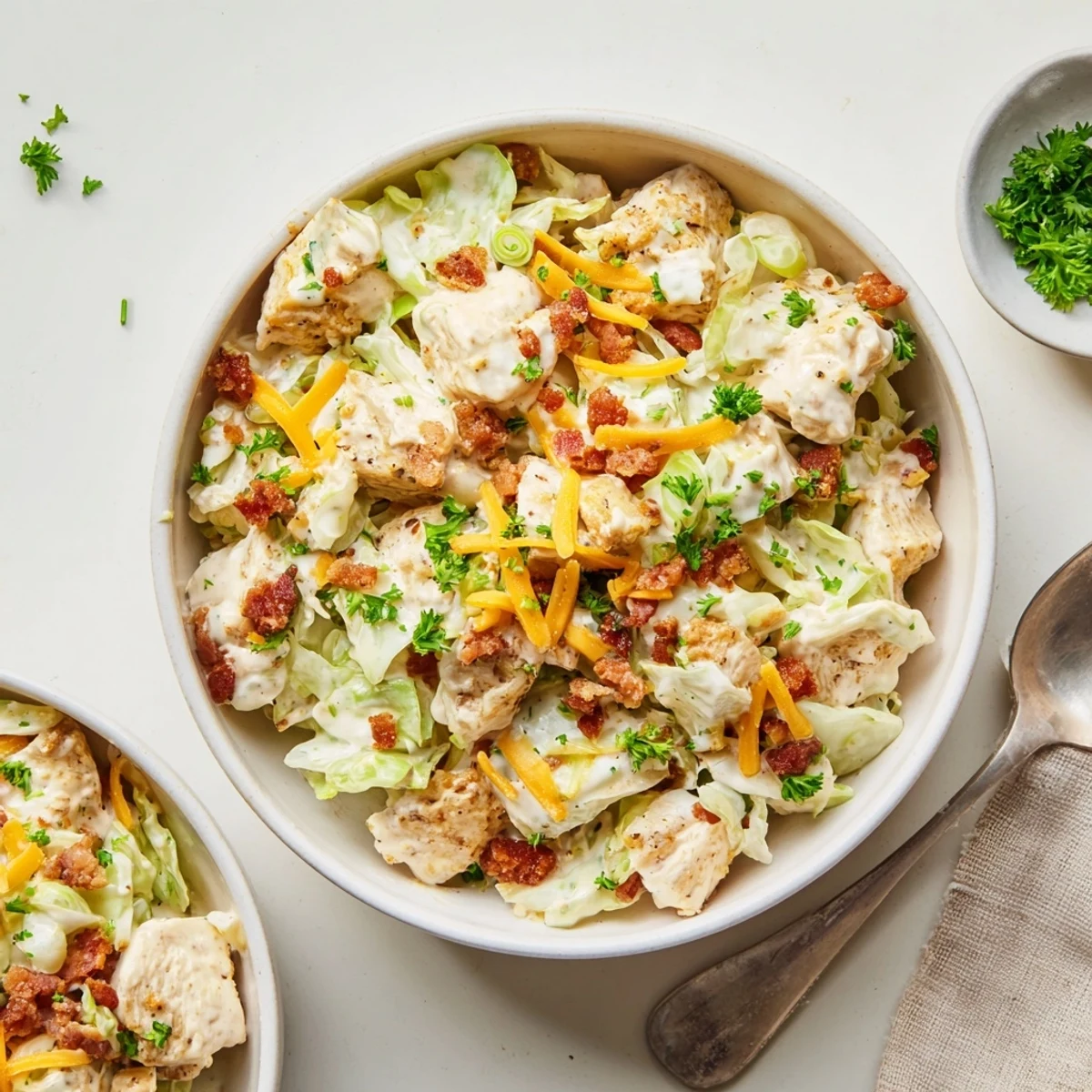 Tender chicken and crispy bacon tossed in creamy ranch sauce over sautéed green cabbage