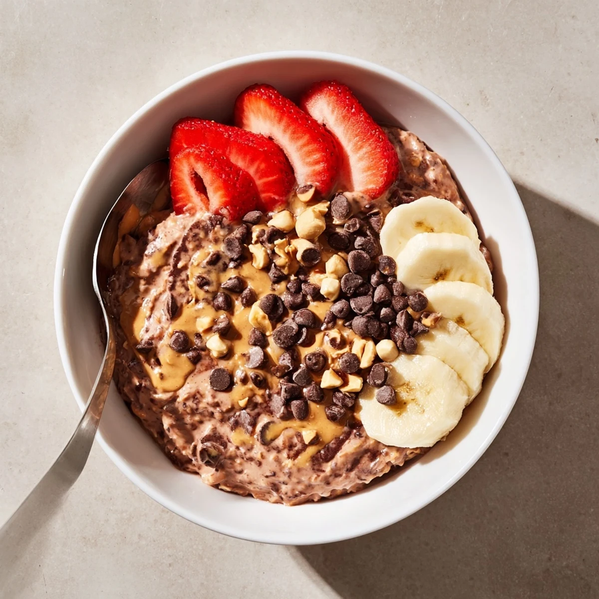 Thick chocolate peanut butter overnight oats served in a jar with fresh banana slices
