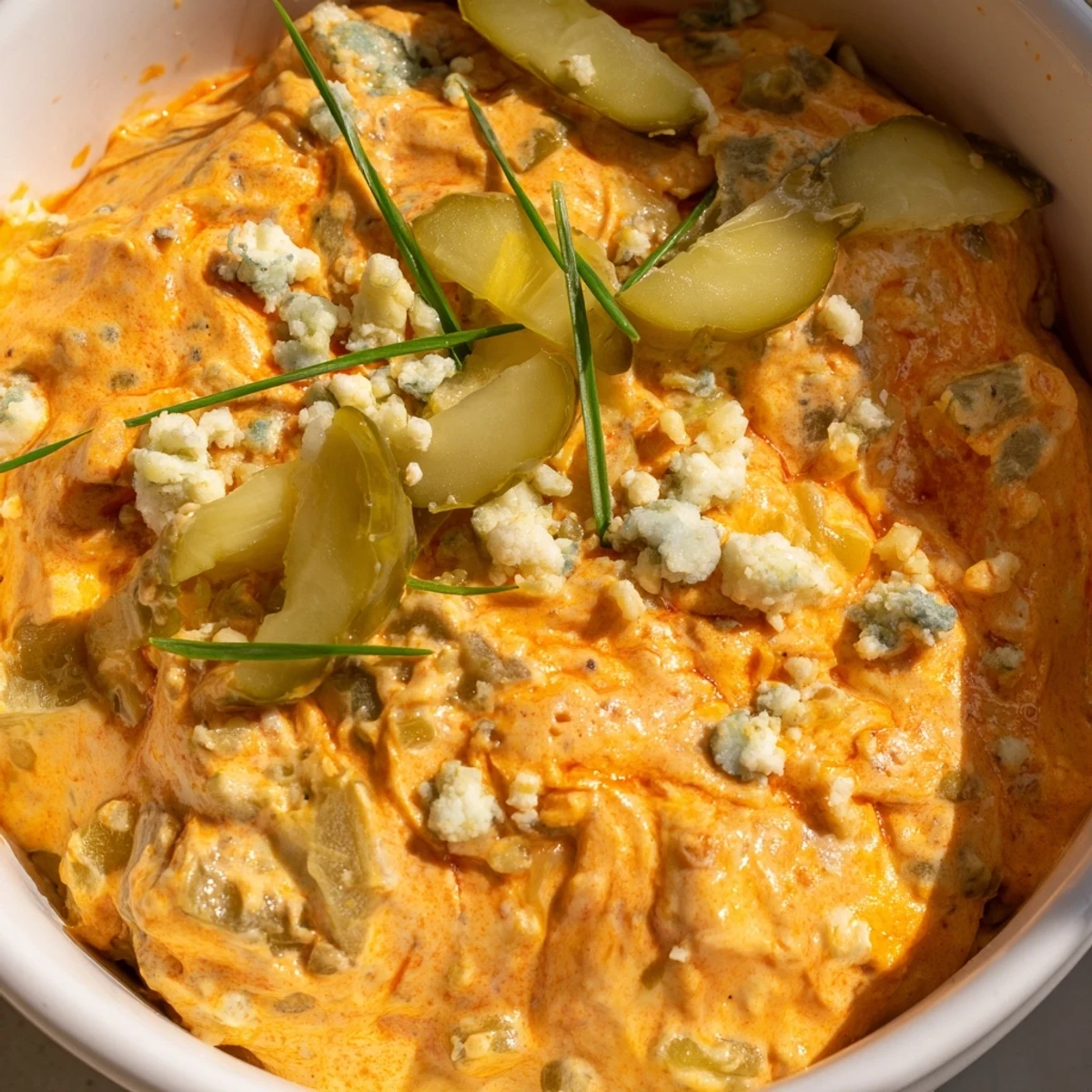 Tangy buffalo pickle dip topped with chopped pickles and chives ready for game day snacking spread