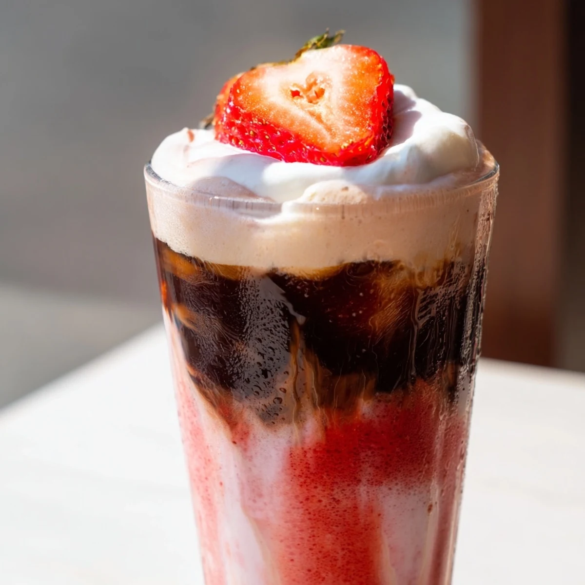 Creamy strawberry cold latte in a tall glass with fresh strawberry garnish and ice