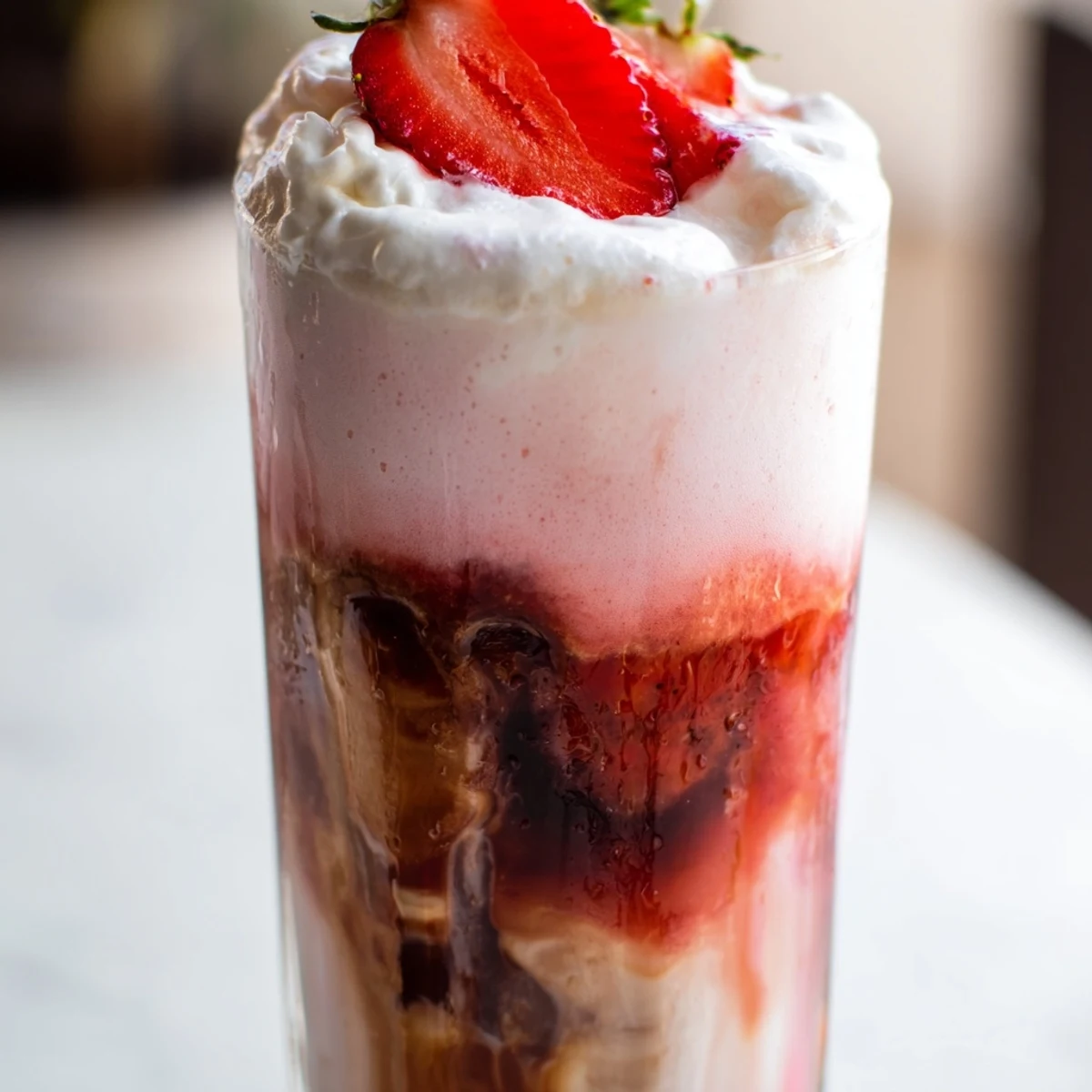 Refreshing strawberry cream cold latte with swirled coffee layers topped with fluffy whipped cream