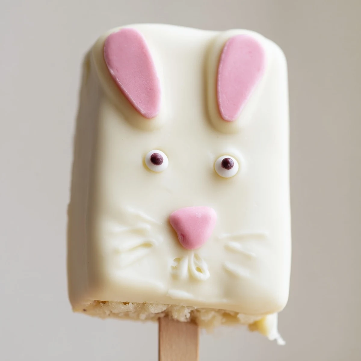 Adorable white chocolate bunny cakesicles with candy eyes and pink fondant ears on sticks