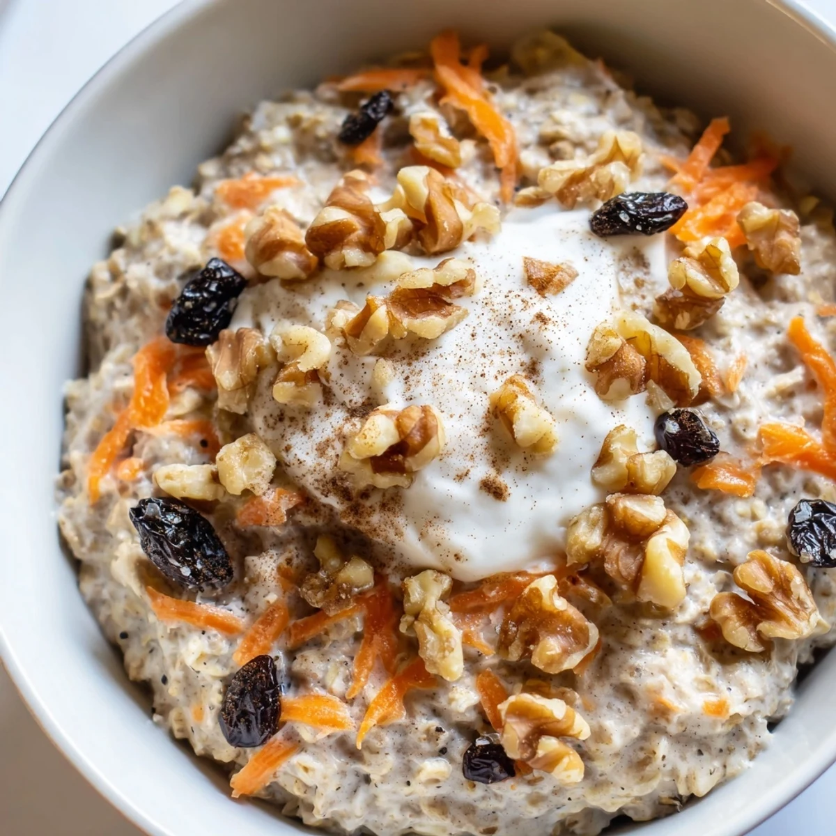 Creamy carrot cake overnight oats in a mason jar topped with crunchy walnuts and cinnamon