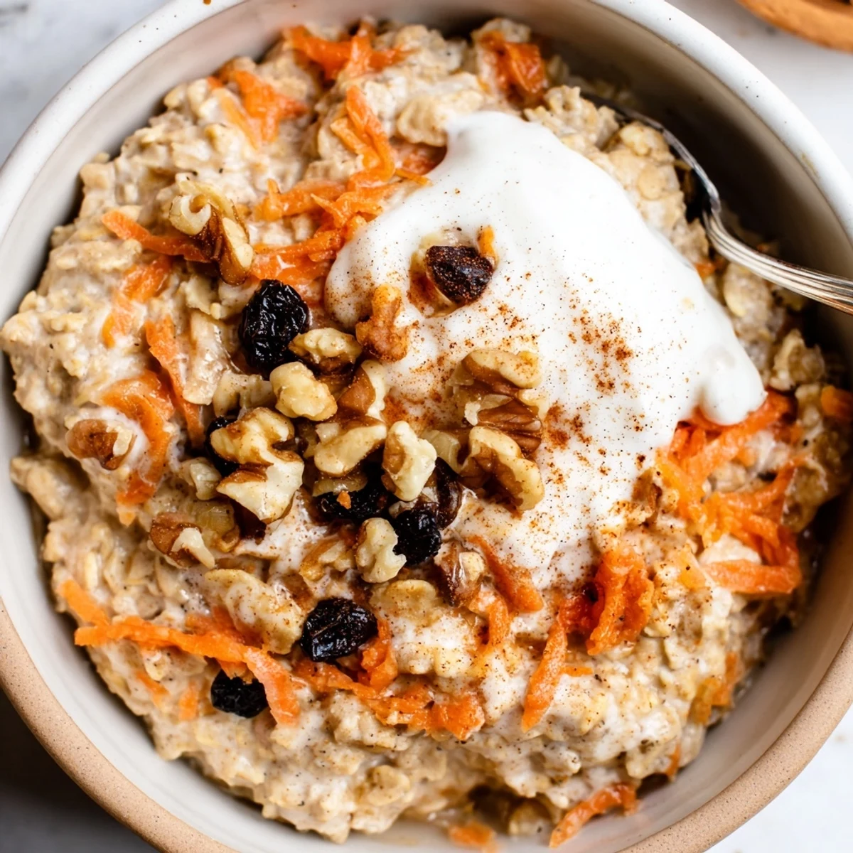Carrot cake overnight oats with grated carrots, raisins, and a thick, spoonable texture