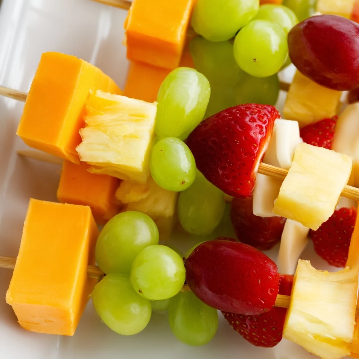 Colorful fruit and cheese kabobs arranged on a platter with grapes, strawberries, pineapple, and cheddar cubes