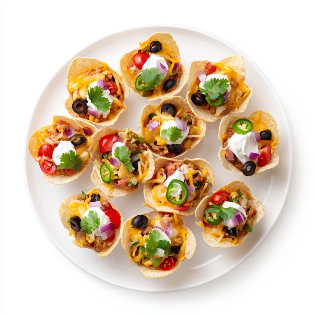 Golden cheesy nacho cups bubbling with melted cheddar and colorful fresh toppings in muffin tin