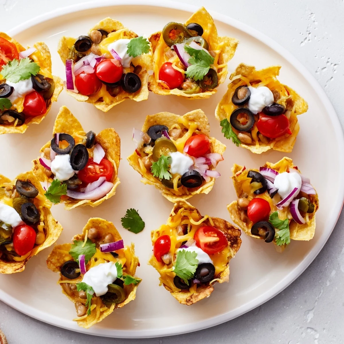 Crispy tortilla cups overflowing with gooey Monterey Jack cheese black beans and jalapeño slices