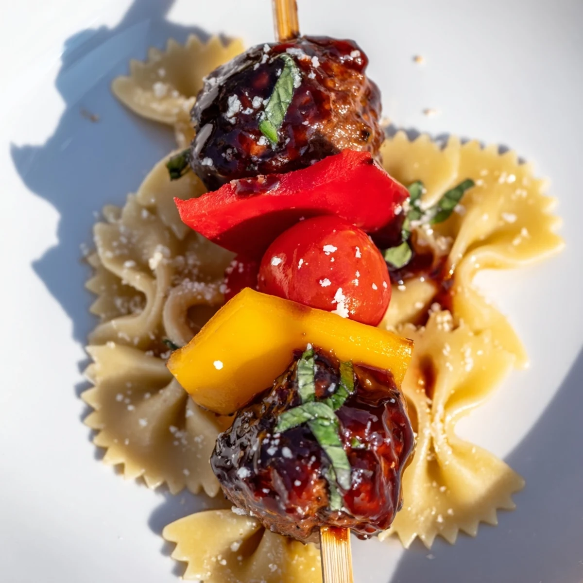Colorful bowtie pasta and cocktail meatball skewers draped with glossy barbecue glaze on platter