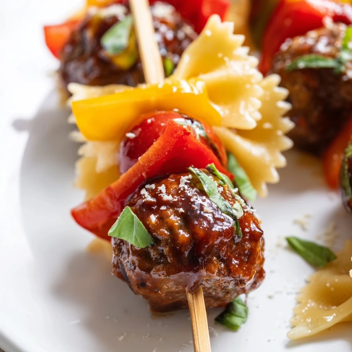 Skewers featuring bowtie pasta and cocktail meatballs with vibrant red and yellow bell peppers