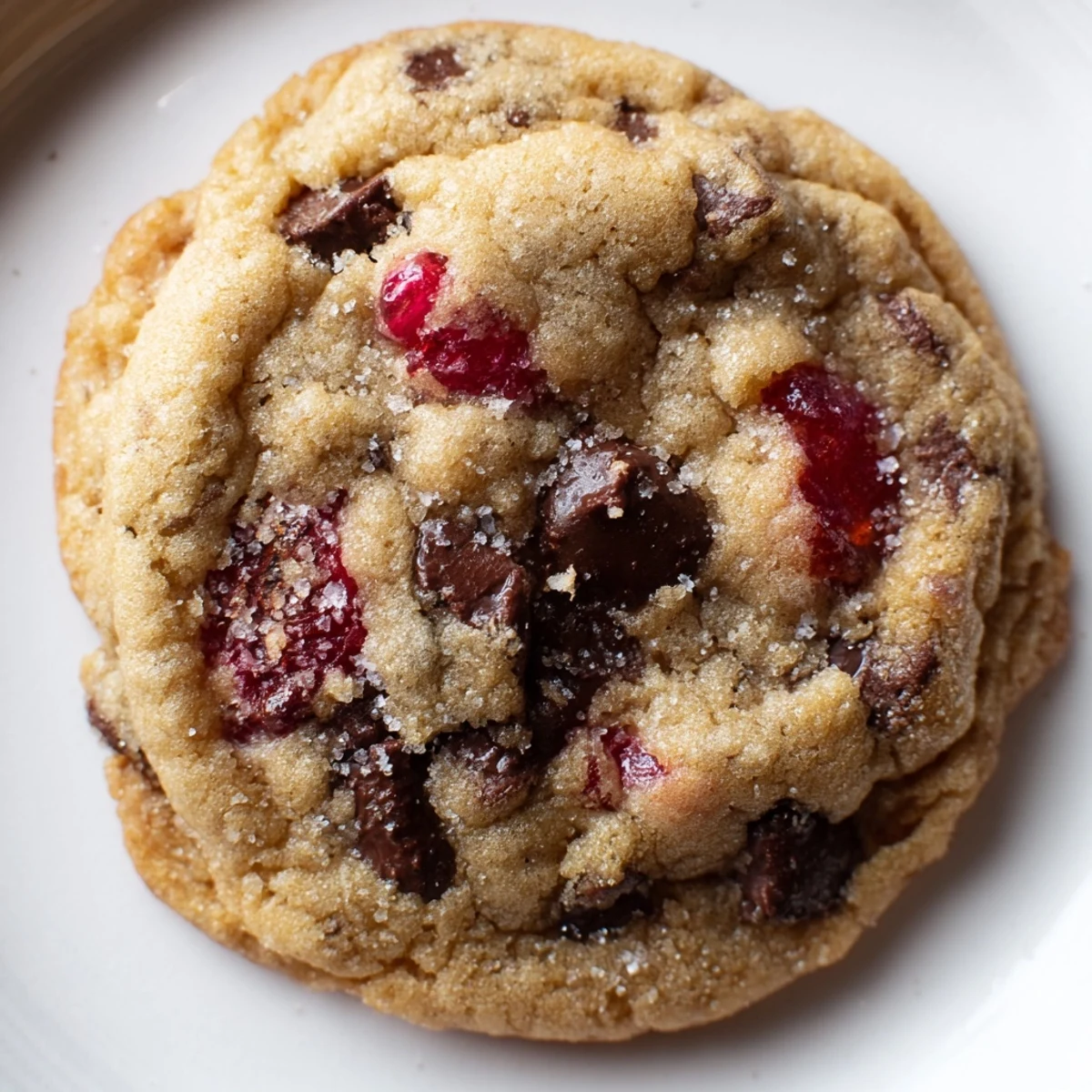 Soft maraschino cherry chocolate chip cookies with golden edges on a rustic wooden board