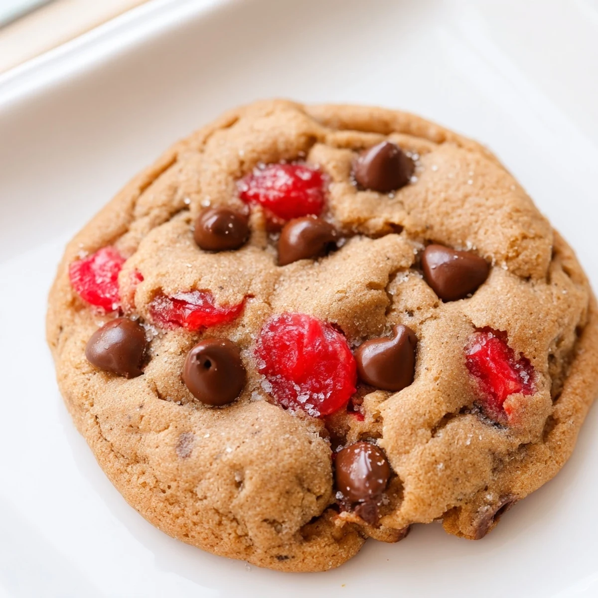 Chewy maraschino cherry chocolate chip cookies studded with bright red cherry pieces and chocolate