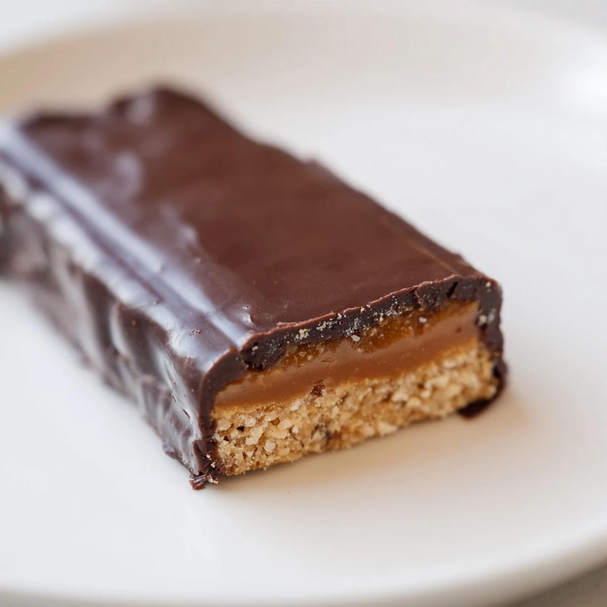 Healthy Twix Bars with golden caramel layer and dark chocolate topping on wooden board
