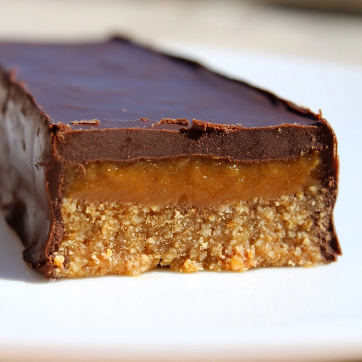 Chilled Healthy Twix Bars cut into squares showing nutty crust and silky date caramel