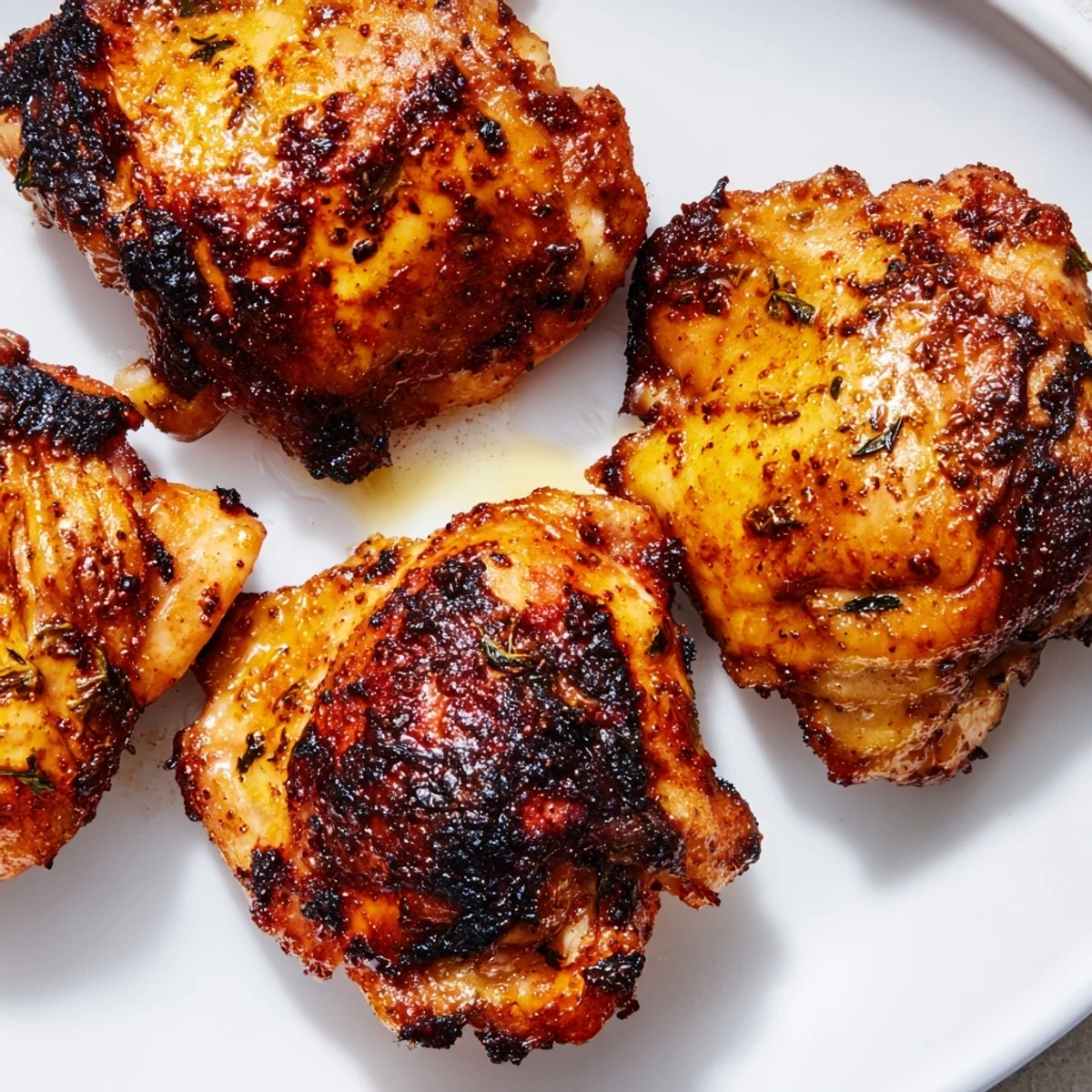 Golden crispy chicken thighs glazed with killer chicken thigh marinade fresh off the grill