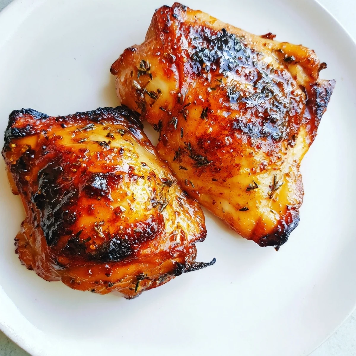 Juicy roasted chicken thighs coated in killer chicken thigh marinade with caramelized herb-flecked skin