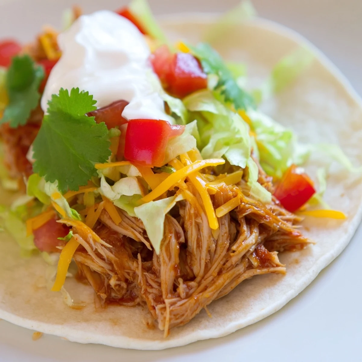 Tender slow cooker shredded chicken tacos loaded with lettuce, tomatoes, and creamy avocado