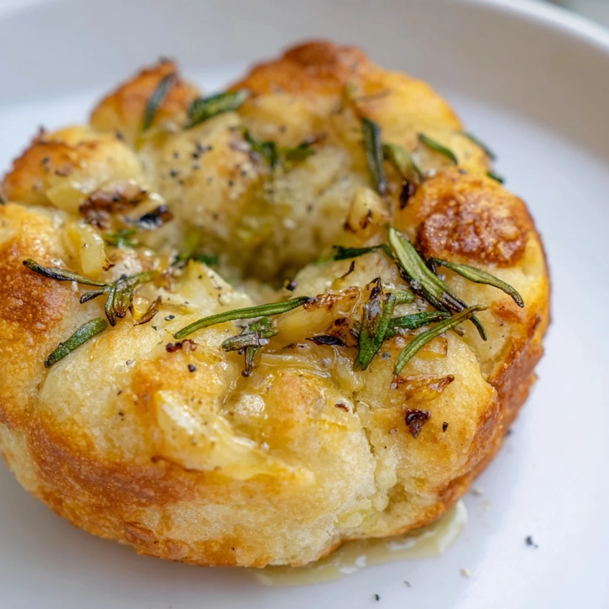 Golden Garlic Rosemary Focaccia Muffins fresh from the oven with rosemary garnish on top