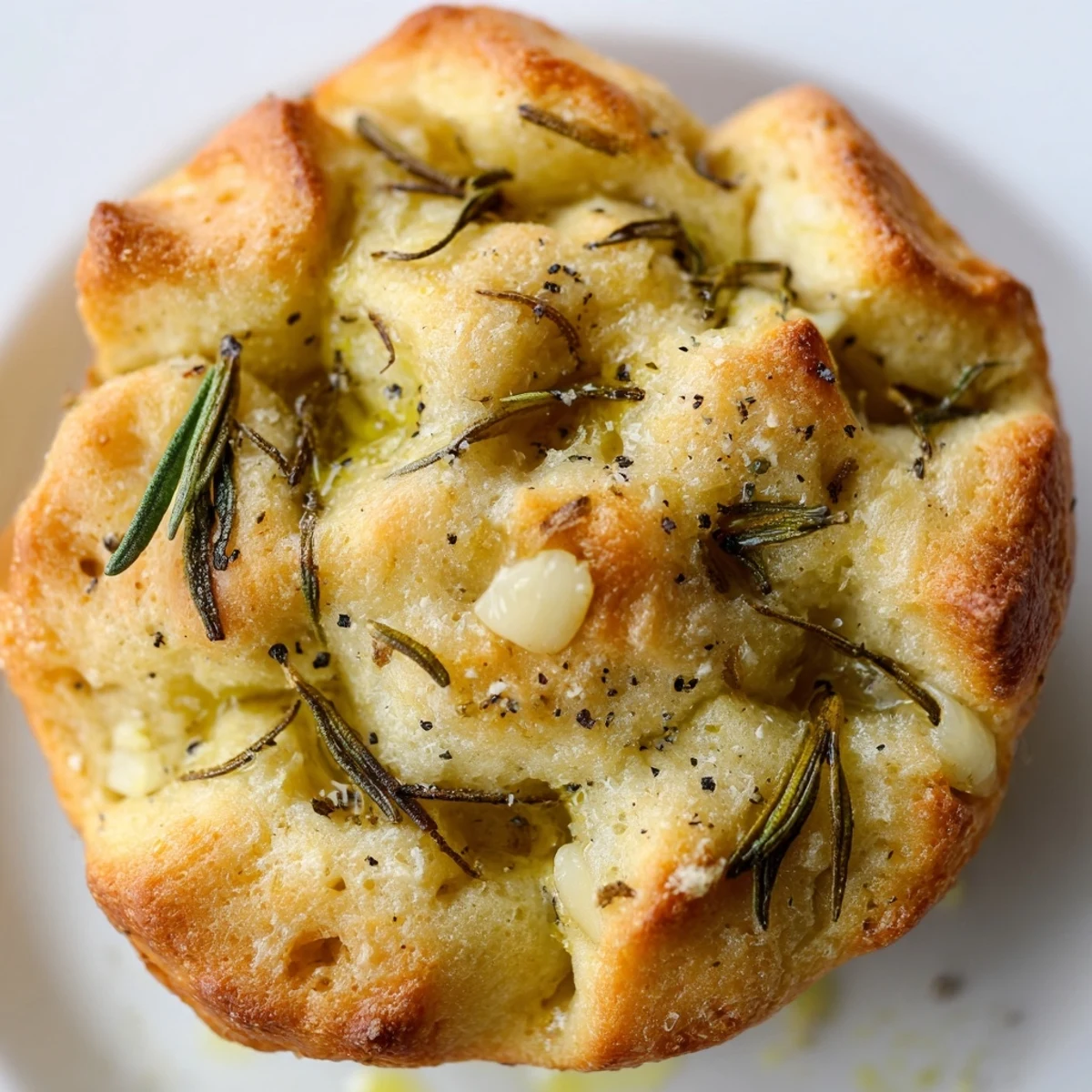 Warm Garlic Rosemary Focaccia Muffins with crispy edges served on a rustic wooden board