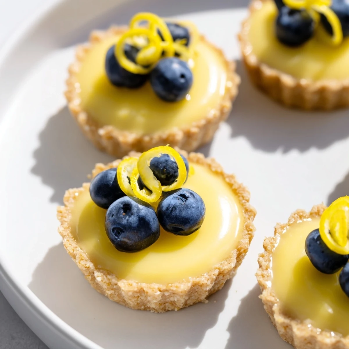 Golden mini vegan lemon tarts topped with fresh berries on a rustic white plate