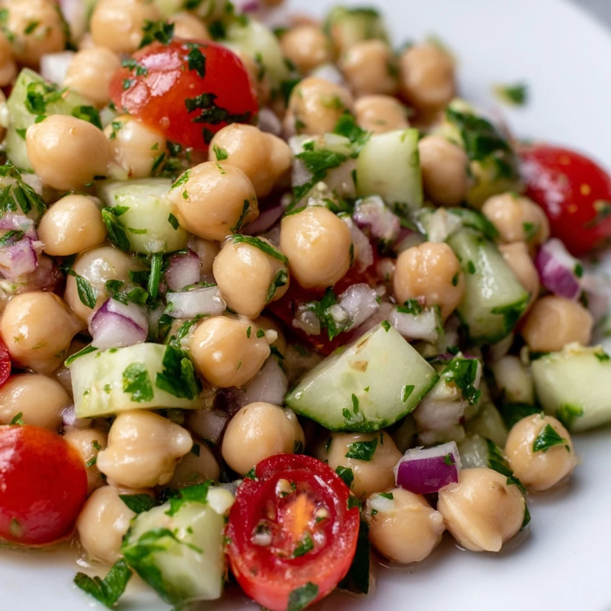Colorful chickpea cucumber salad in a white bowl with fresh herbs and lemon dressing
