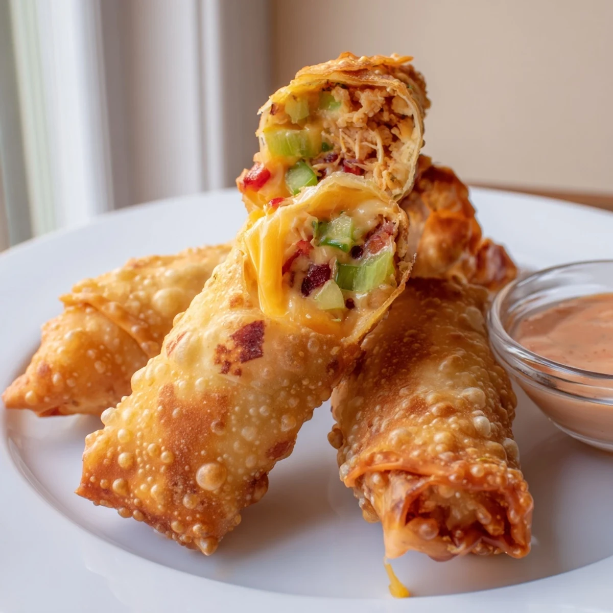 Crunchy fried Voodoo Egg Rolls bursting with smoky andouille sausage and melted cheddar cheese