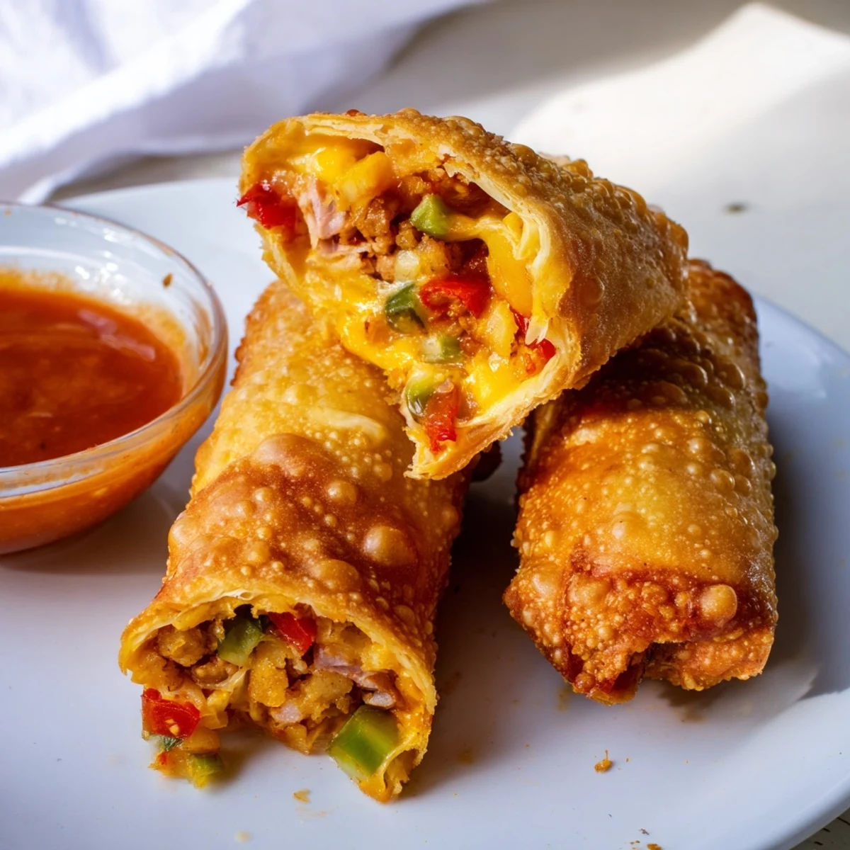 Golden crispy Voodoo Egg Rolls served hot with spicy remoulade dipping sauce on a rustic plate