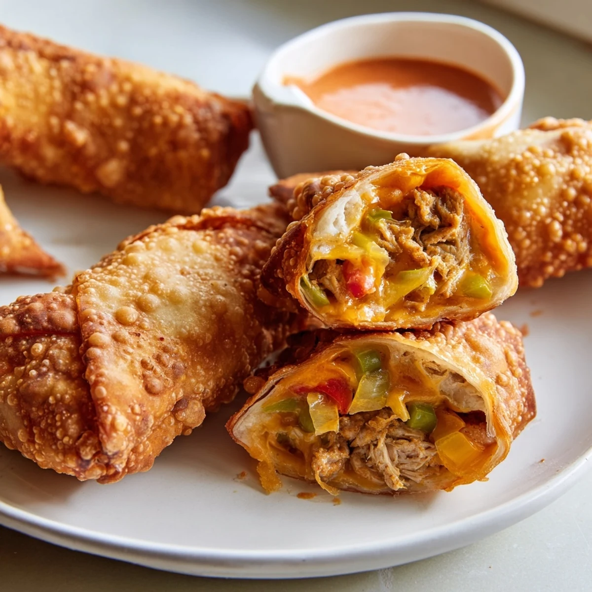 Perfectly browned Voodoo Egg Rolls arranged on parchment paper alongside vibrant Creole mustard for dipping