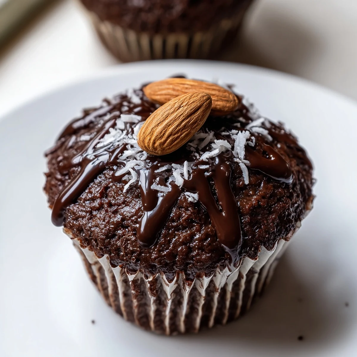 Flourless Almond Joy cupcakes topped with toasted almonds and a rich chocolate drizzle on rustic parchment