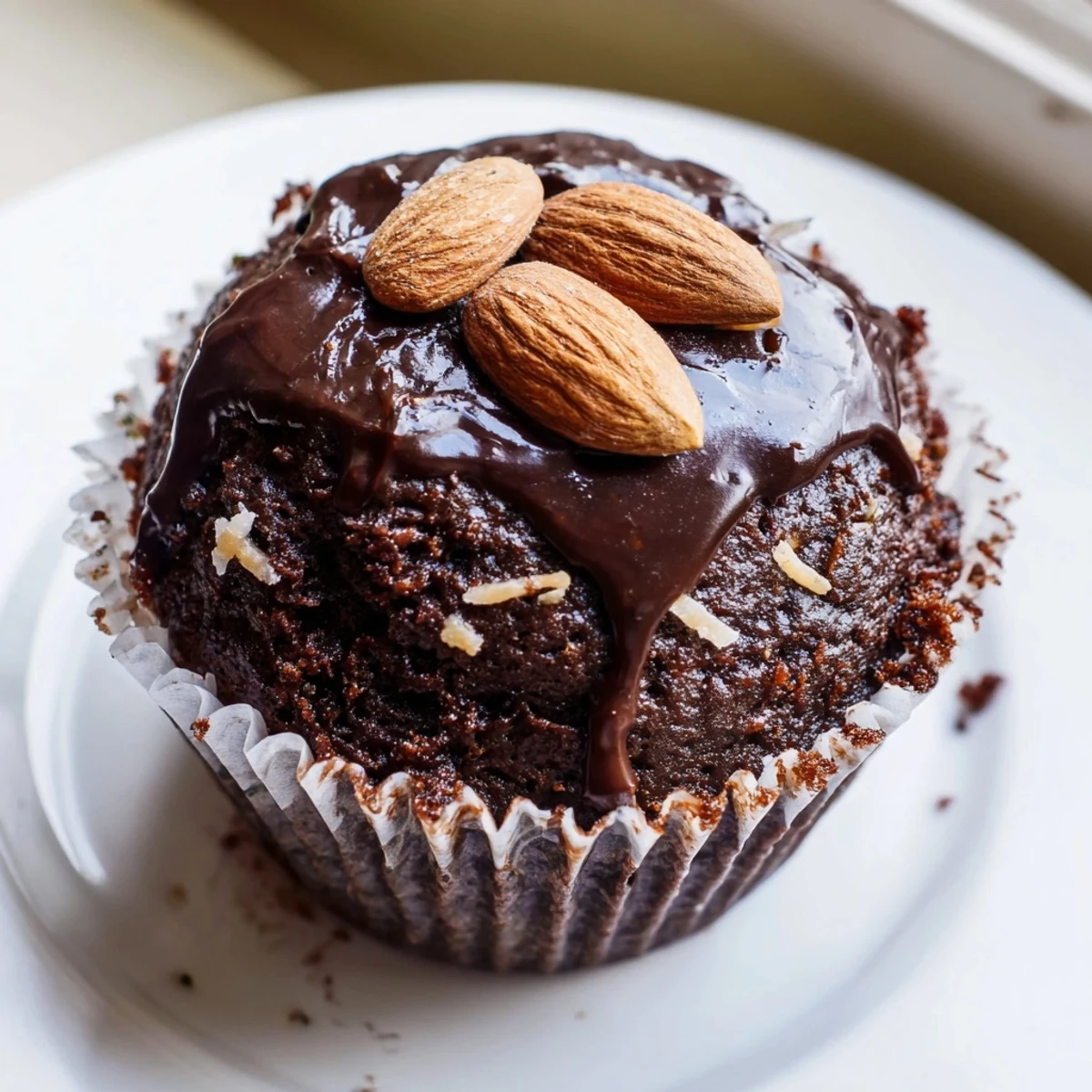 Moist Flourless Almond Joy cupcakes showcasing fudgy chocolate crumb, sweet coconut filling, and crunchy almond garnish