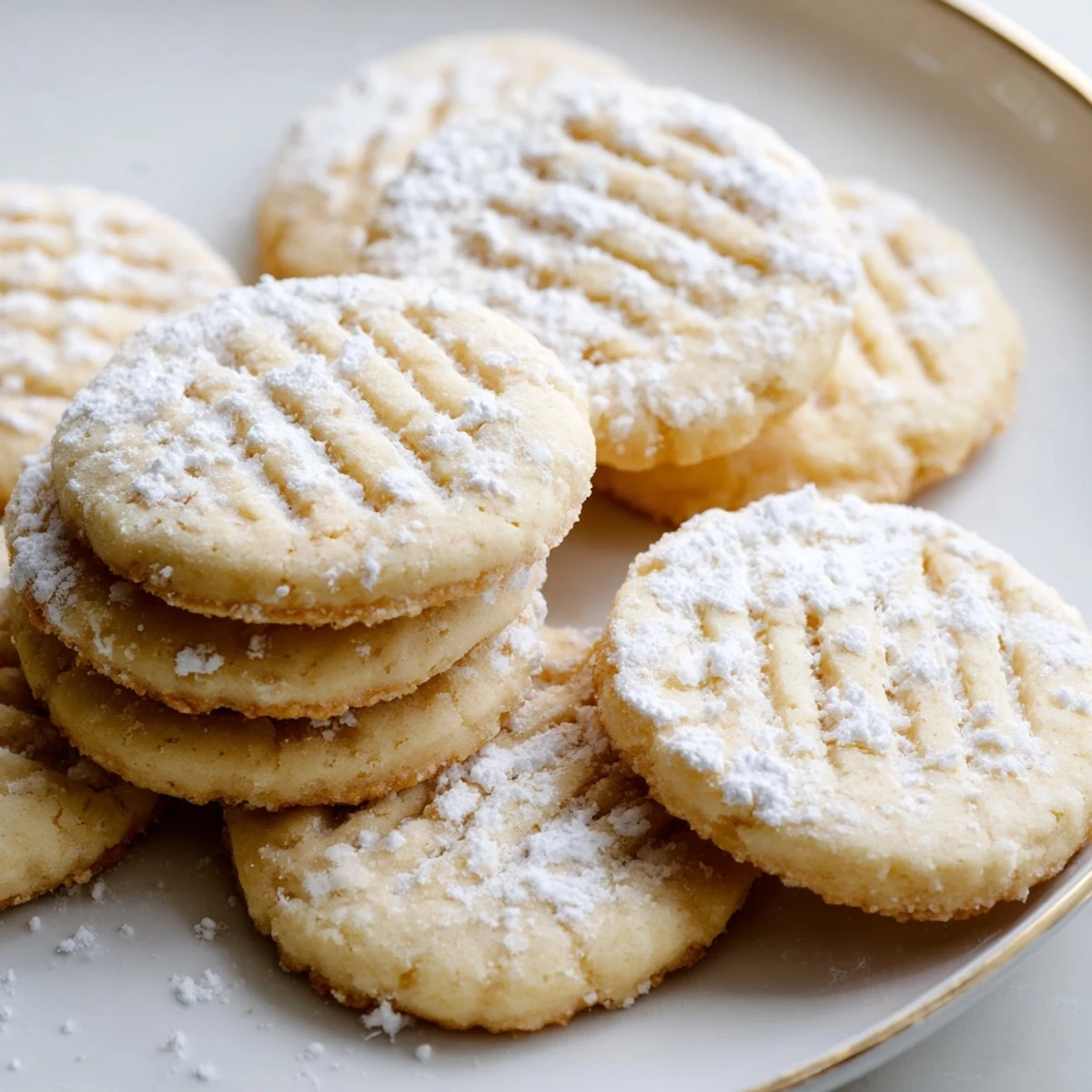 Golden Grandma's Secret Butter Cookies dusted with powdered sugar on a rustic wooden board