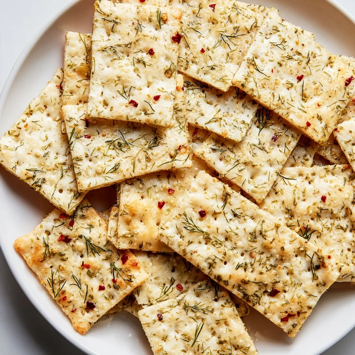 Warm dill pickle saltines glistening with garlic butter and sprinkled with fresh dill