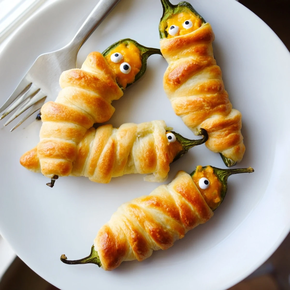 Crispy golden Mummy Jalapeño Poppers with melty cheese filling and cute candy eyes on a rustic baking sheet