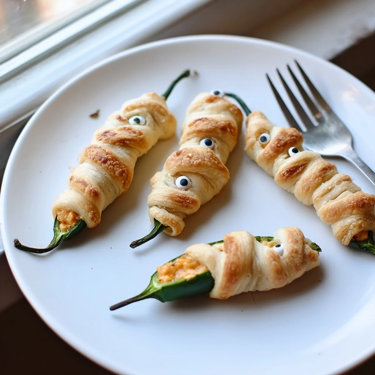 Creamy cheesy Mummy Jalapeño Poppers wrapped in flaky crescent dough bandages fresh from the oven