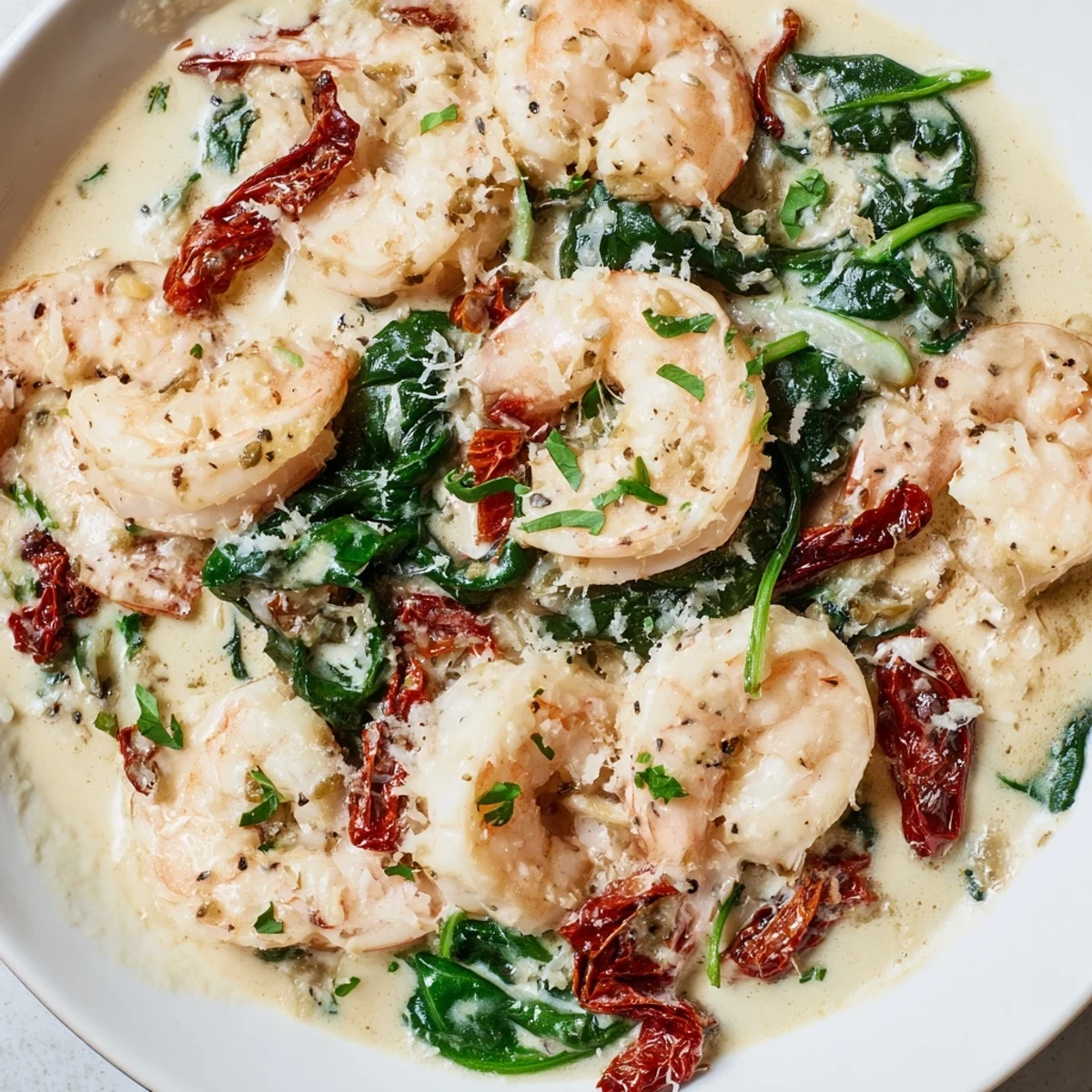 Golden seared shrimp nestled in a velvety garlic Parmesan sauce with wilted spinach for this keto creamy Tuscan shrimp.