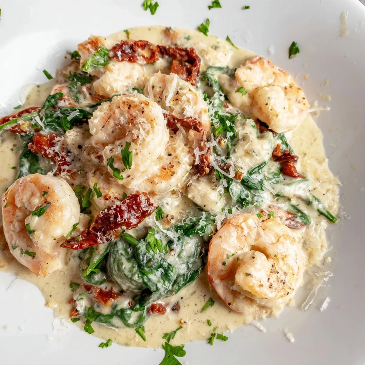 A skillet of keto creamy Tuscan shrimp draped in a rich sun-dried tomato cream sauce over tender spinach.