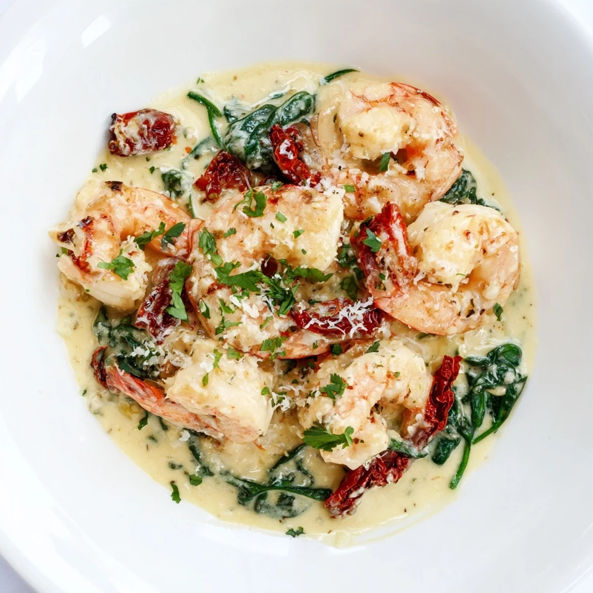 Plump pink shrimp coated in a thick cheesy Tuscan cream sauce, topped with fresh parsley and red pepper flakes.