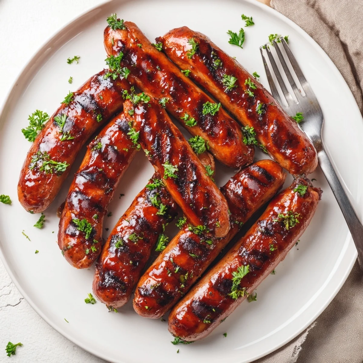 Juicy grilled sausages glazed with tangy BBQ sauce on a summer cookout platter