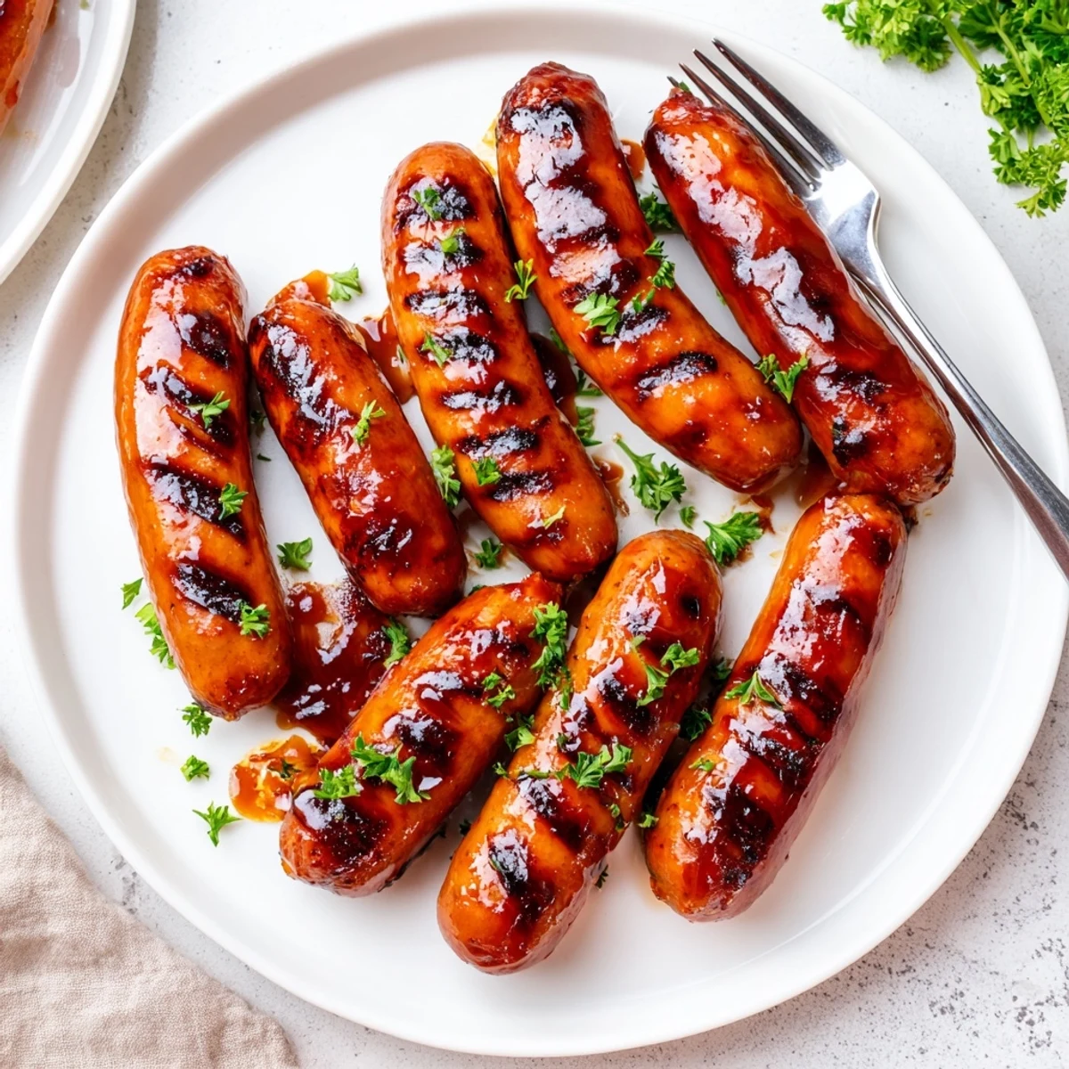 Caramelized barbecue sausage recipe served on soft rolls with pickles and parsley