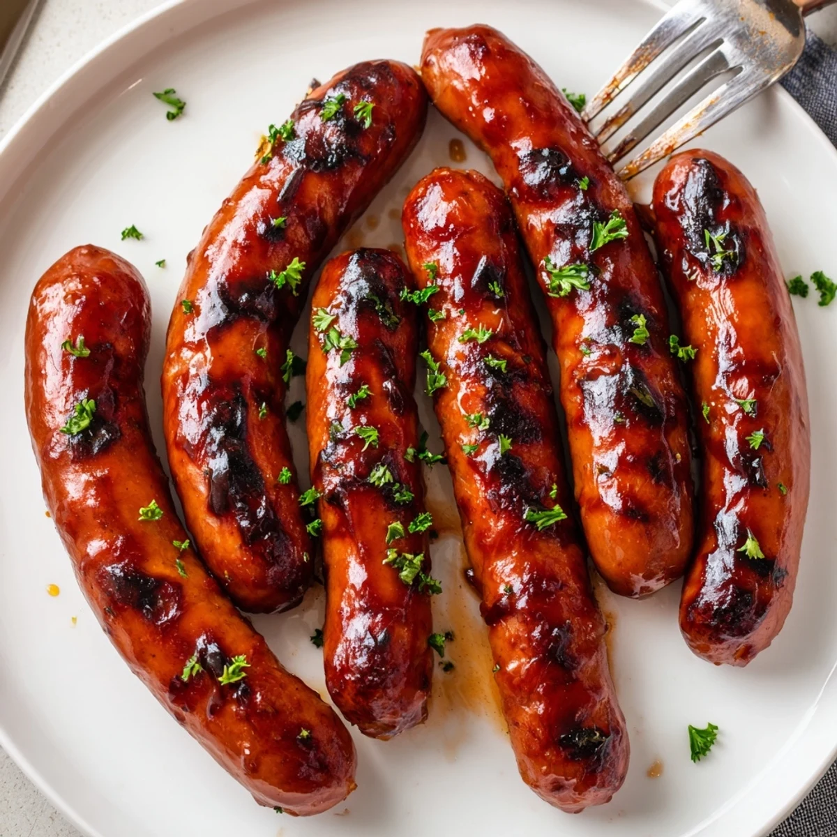 Smoky BBQ sausage recipe with caramelized glaze alongside sliced onions on a grill