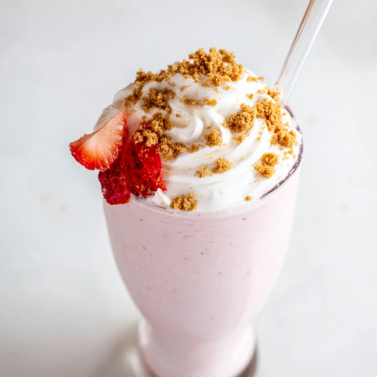 Thick strawberry cheesecake milkshake topped with whipped cream and graham cracker crumbs